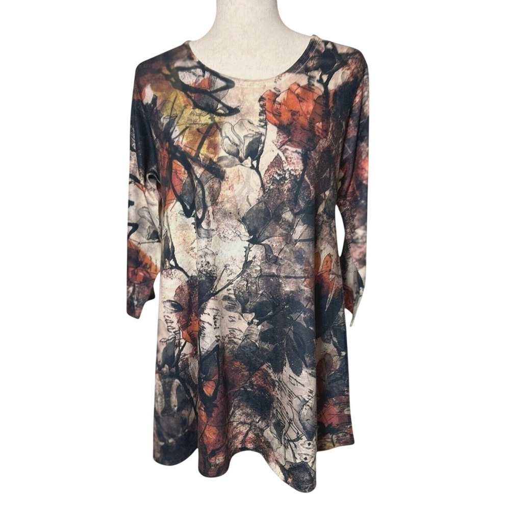 Et Lois Blouse Soft Stretch Knit Tunic Top 3/4 Sleeve Artsy Floral Lagenlook USA